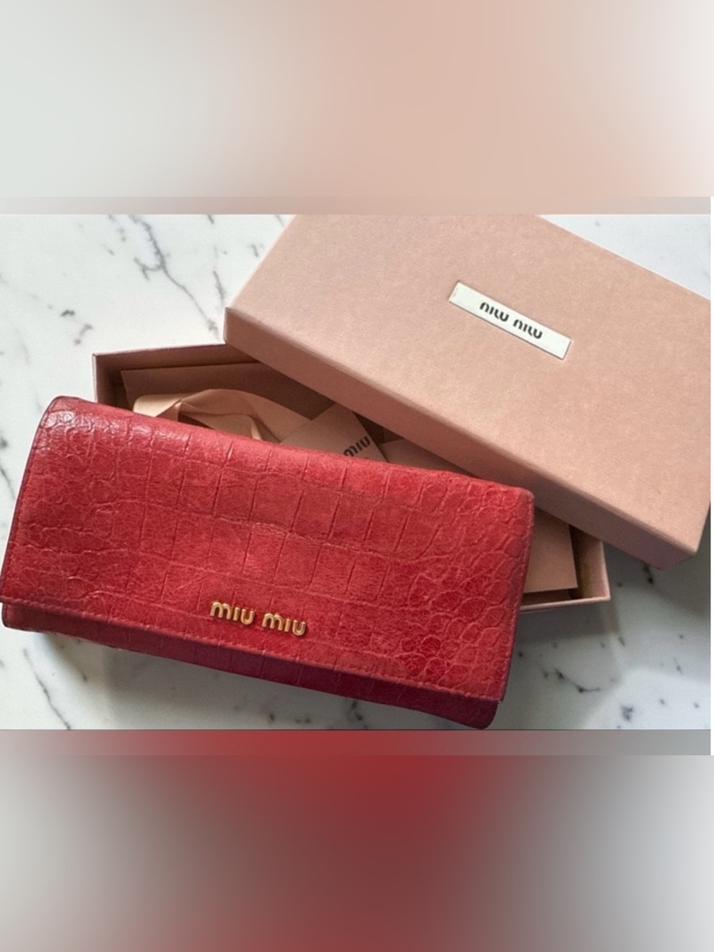 Miu Miu Red Croc Embossed Leather Continental Wallet w/ Box